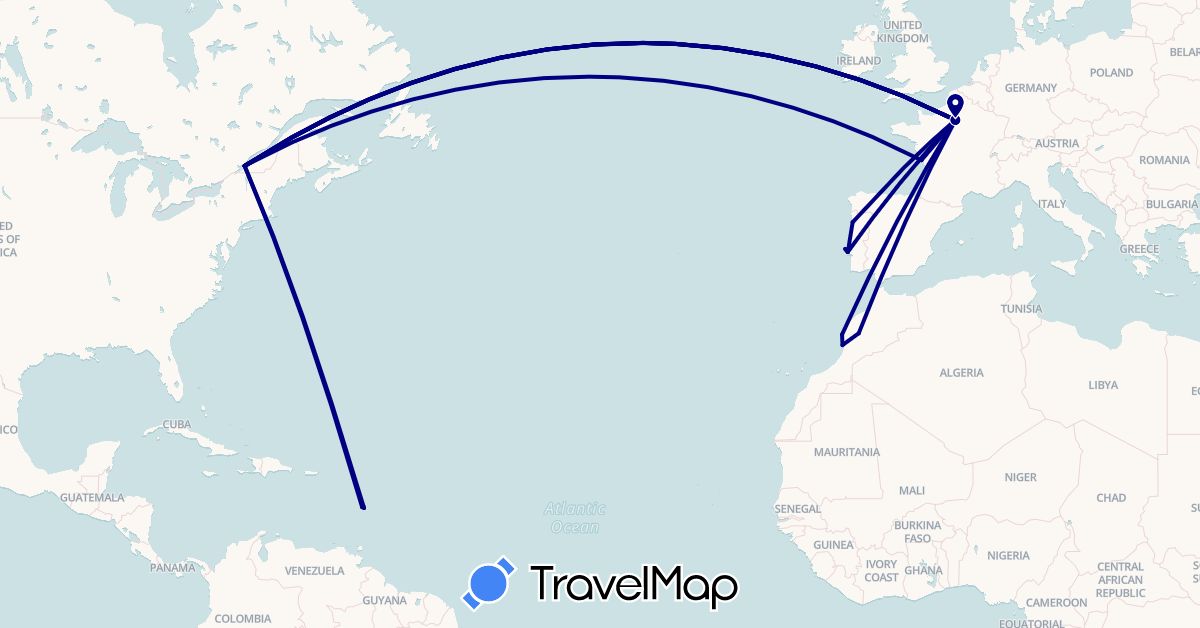 TravelMap itinerary: driving in Canada, France, Morocco, Martinique, Portugal (Africa, Europe, North America)